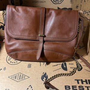 Fossil Edelyn Crossbody Medium Brown Leather Chain Trim